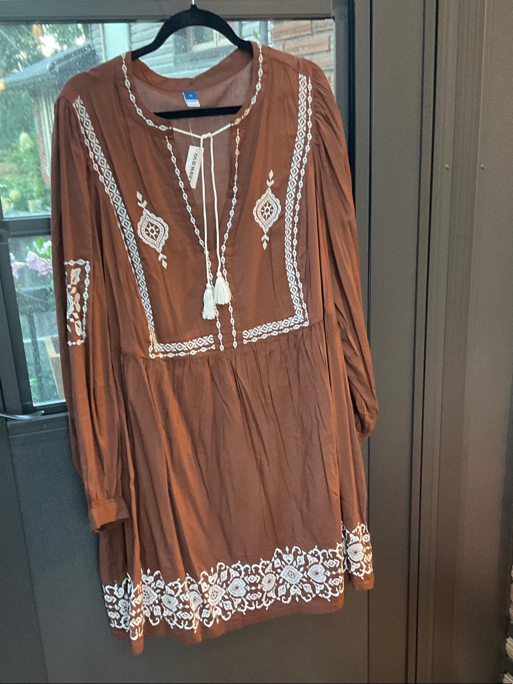 Old Navy Brown Embroidered Tassel Peasant Dress NWT